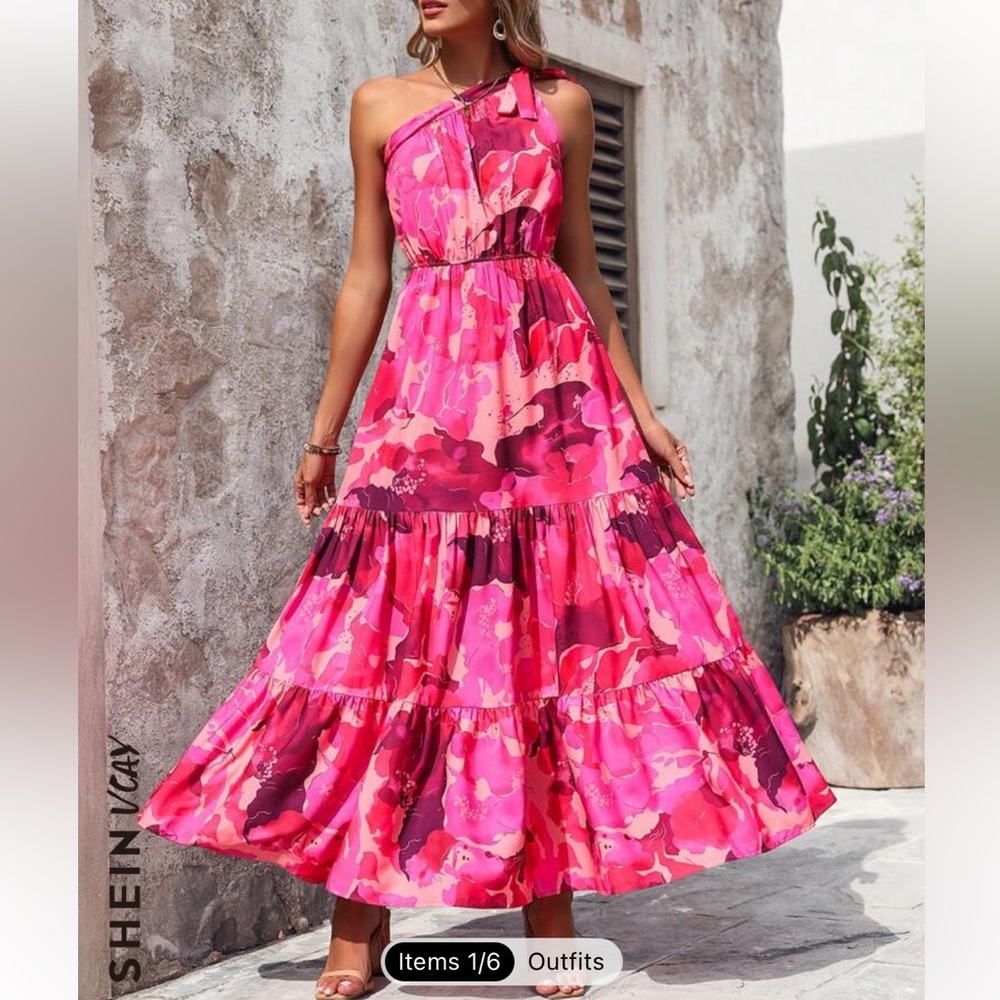 Pink floral maxi dress one shoulder 🩷🌷🌺🌸